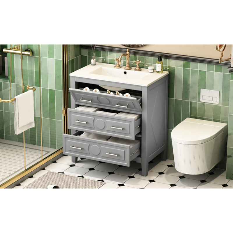 Meuble-lavabo gris rétro avec lavabo en céramique, structure en bois massif, 3 tiroirs, conception classique, solution de rangement polyvalente, structure, haute qualité, style élégant, fermeture en douceur réglable