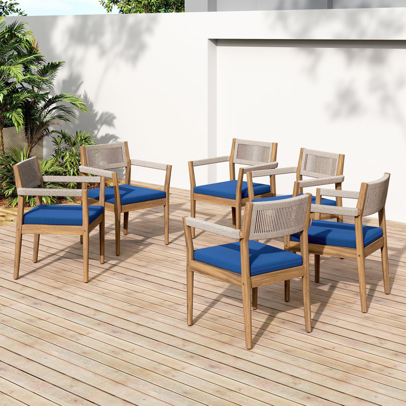 Cieanna Mid-Century Coastal Acacia Wood Outdoor Dining Chair With Rope Back And Cushion, Navy