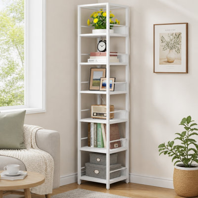 Grande bibliothèque de coin 74,8 po avec cadre en métal industriel à 6 niveaux, tablette de rangement réglable anti-basculement pour petits espaces et bureau