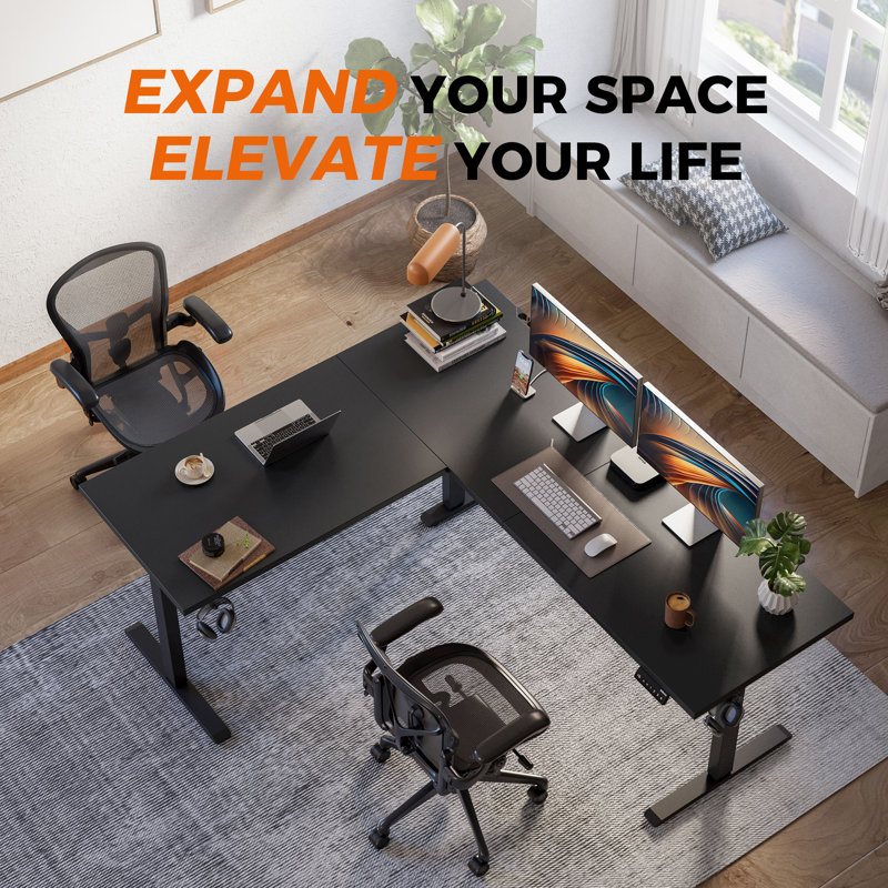 63" L-shaped Electric Height Adjustable Standing Desk with Headphone Hook for Home Office,Desk With Memory Controller,Easy to Assemble