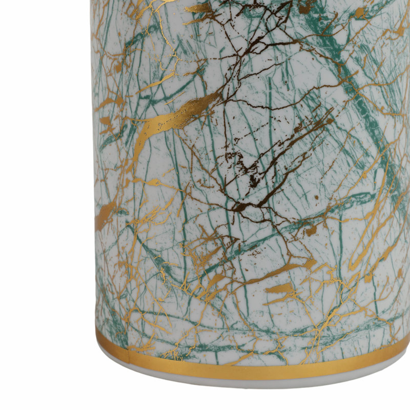 Modern Ceramic Marble Pattern Table Jar with Lid for Home Decor - Decorative Cylindrical Tall Jar for Storage Accent or Shelf Styling - Green