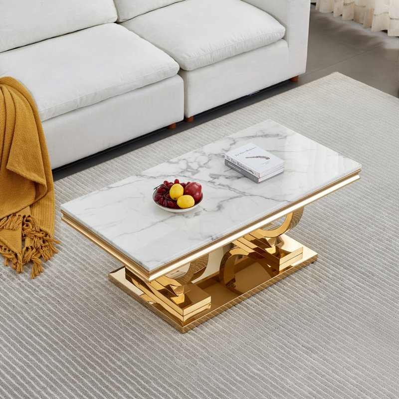 Skailar Pedestal Coffee Table,Faux Marble Top Metal Base, Gold, White