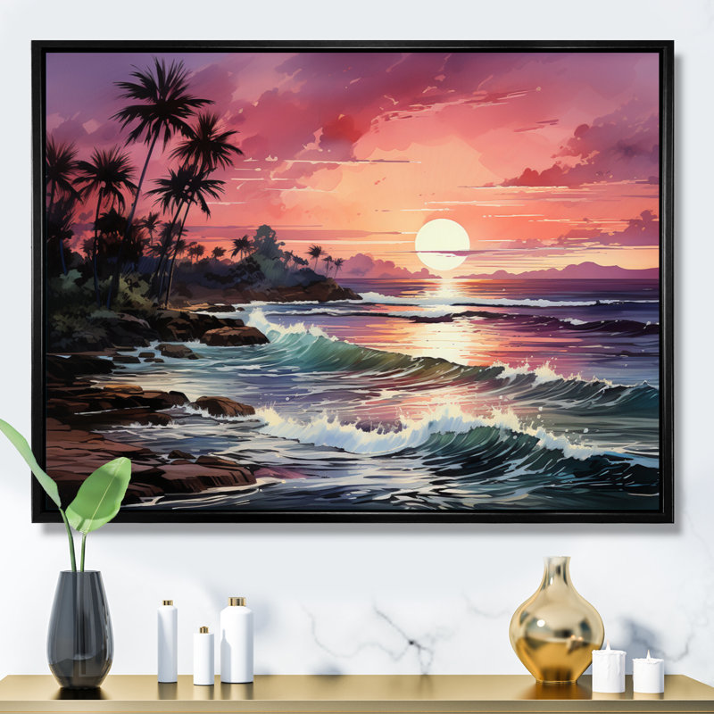 «Miami Pink Tropical Twilight», reproduction sur toile encadrée, H 12 po x l 20 po, Encadrement doré