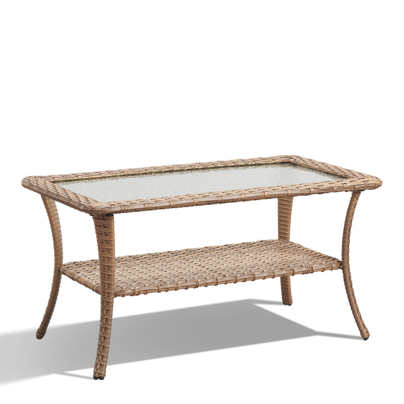 Patio Rattan Wicker Coffee Table with Tempered Glass Top and 2-Tier Storage Outdoor Table for Deck Porch Balcony Garden