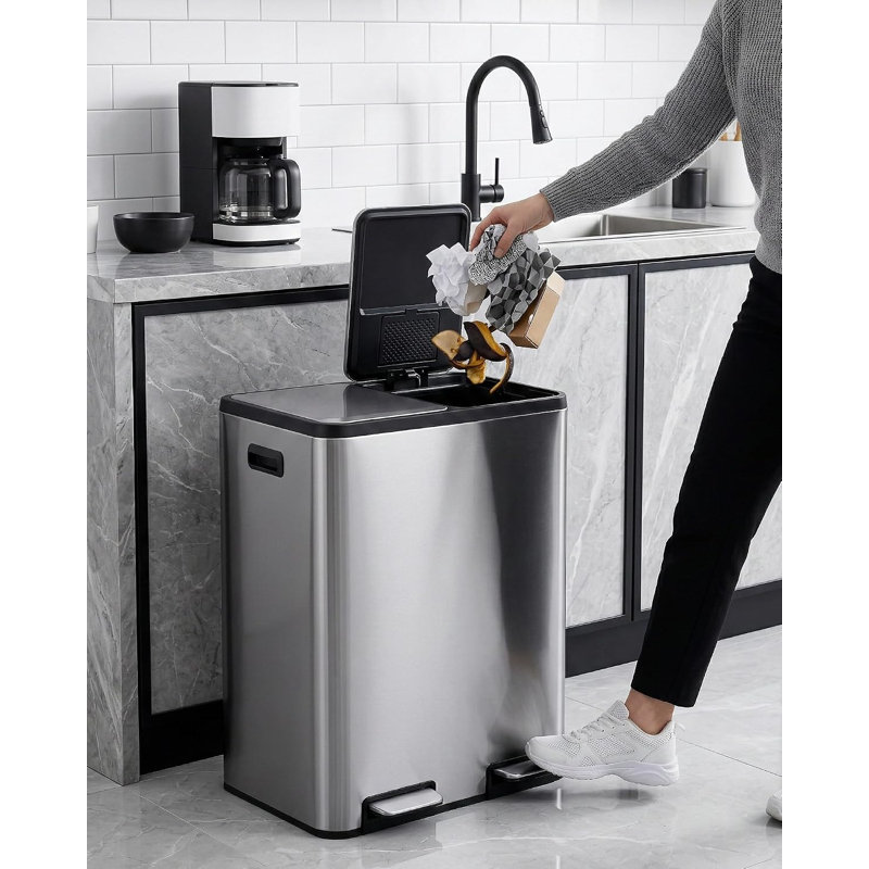 Poubelle à pédale à double compartiment de 60 L, en acier inoxydable