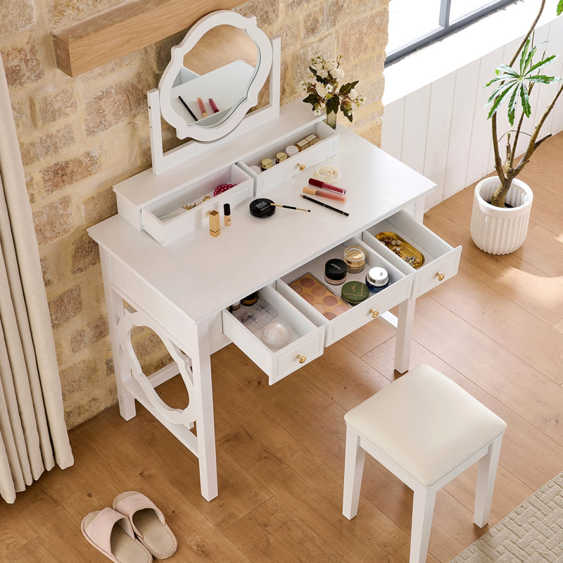 Coiffeuse compacte avec miroir réversible, coiffeuse avec tabouret, coiffeuse compacte pour petits espaces