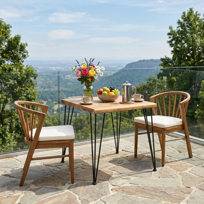 Ensemble de salle à manger d'extérieur 3 pièces en bois d'acacia avec coussins crème, 6 chaises modernes avec table 32,5 po, ensemble de mobilier de salle à manger pour pelouse, cour, terrasse de jardin, bord de piscine, teck