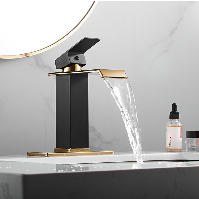 Single Hole Faucet Single-handle Waterfall Bathroom Faucet with Drain Assembly, Black/Gold