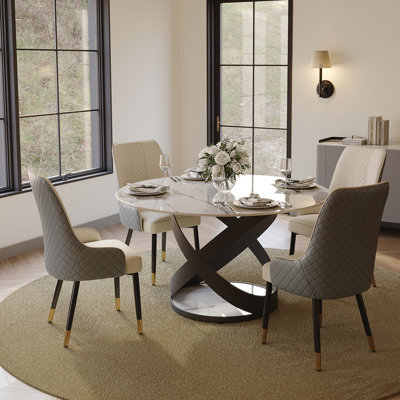 Maxwell 5/7 Pieces Modern Round Dining Table Sets, Sintered Stone Dining Table With PU Upholstered Chairs