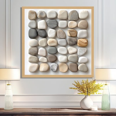 Composition de galets gris et noirs I - Tableau abstrait minimaliste encadré