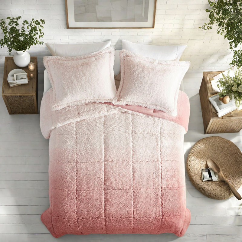 Cozy Ombre Shaggy Bedding Set In Blush, Polyester Faux Fur, For Home Comfort