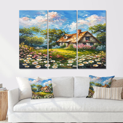 Rustic House In White Flower Field - Landscape Wall Art Print Set