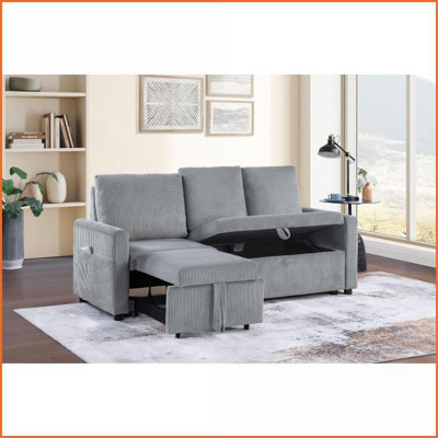 Oswin 70”W Gray Corduroy Sofa with Pull-Out Chaise, Underseat Storage &amp; Side Pockets | Gray | Corduroy | Square Arms