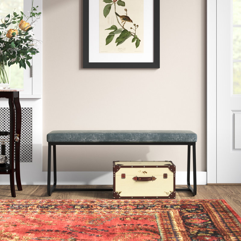 Banc rembourré en similicuir Audet, Bleu et noir, H 17,72 po x l 42,53 po x P 16,54 po