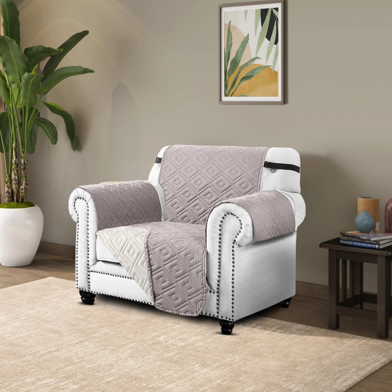 Reversible Waterproof Sofa Cover – Quilted Anti-Slip Couch Protector with Adjustable Strap, Beige/Cream