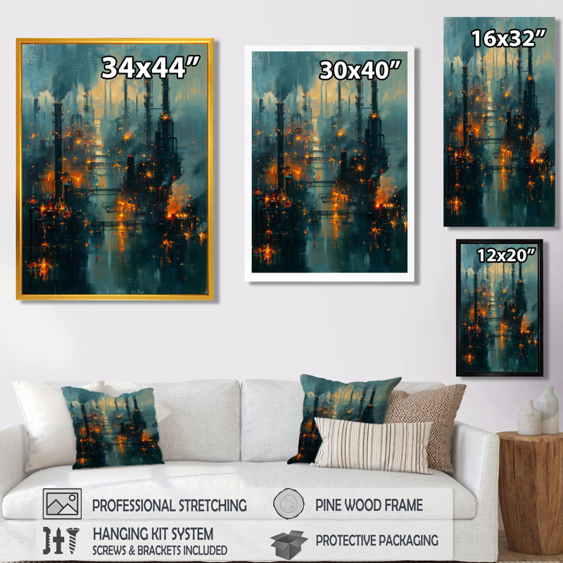 Bleu, bleu, usines, paysage industriel II, usines, art mural, salon, H 32 po x l 16 po x P 1 po