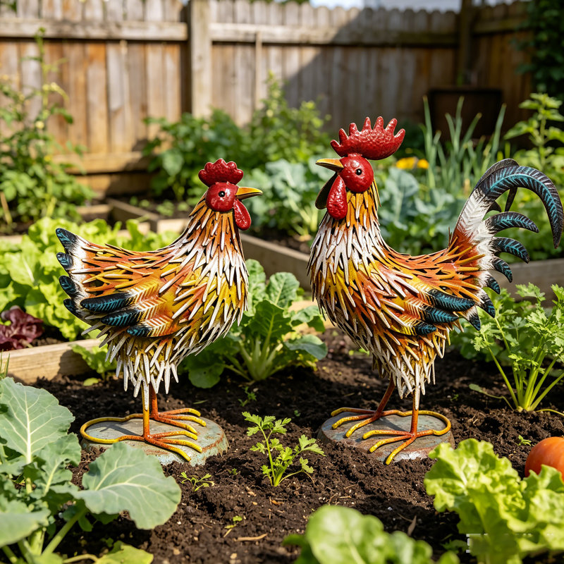 Statues de jardin en métal coq et poule, décor de jardin en fer fabriqué à la main (ensemble de 2), Yellow