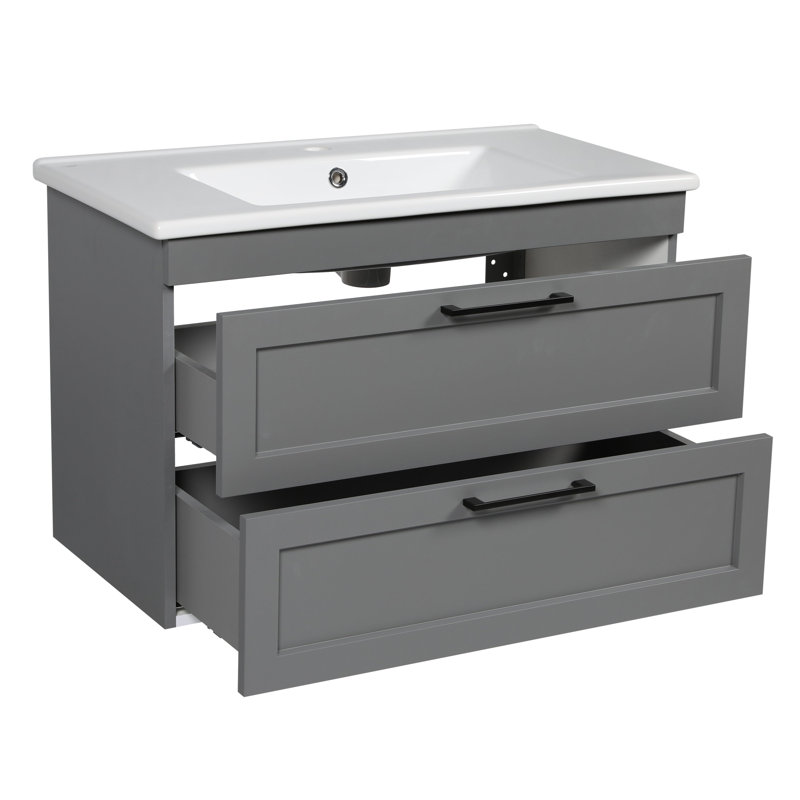 Meuble-lavabo mural moderne avec lavabo | Collection Palm Beach Grey Matte | Panneau de fibres à densité moyenne non toxique ignifuge 26 po, collection Omega 40 po