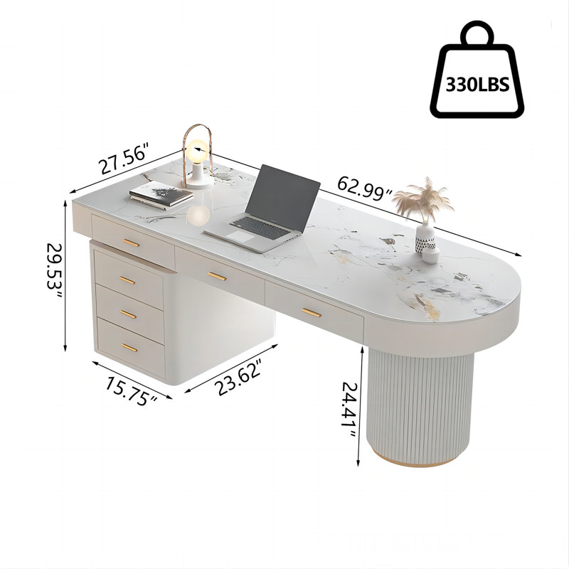 62.99"semi-circle Sintered Stone Office Desk, Modern Minimalist With Drawers, 29.53" H x 62.99" W x 27.56" D