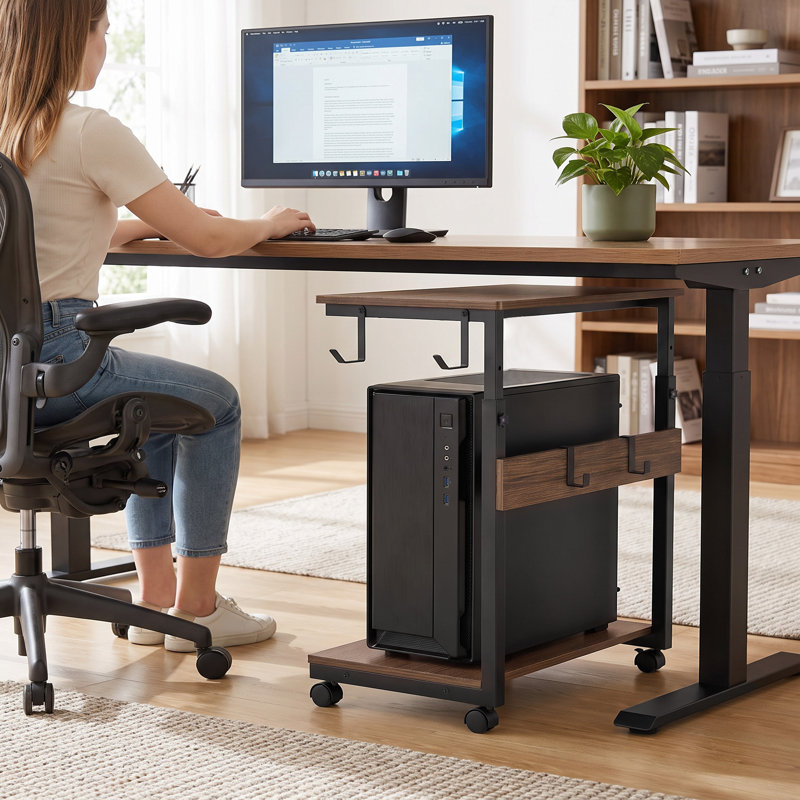Support pour unité centrale réglable en hauteur sur 5 niveaux en bois de pêcher, support à roulettes pour tour d'ordinateur avec roulettes verrouillables et panneau ventilé – Chariot mobile pour PC sous bureau avec gestion des câbles pour le jeu et le télétravail