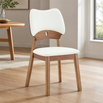 Set of 2 Solid Wood Dining Chairs, Walnut Finish Frame,  Hollow‑Back Design with White PU Upholstered Seat & Backrest, Dining Side Chairs for Home Kitchen Dining Room