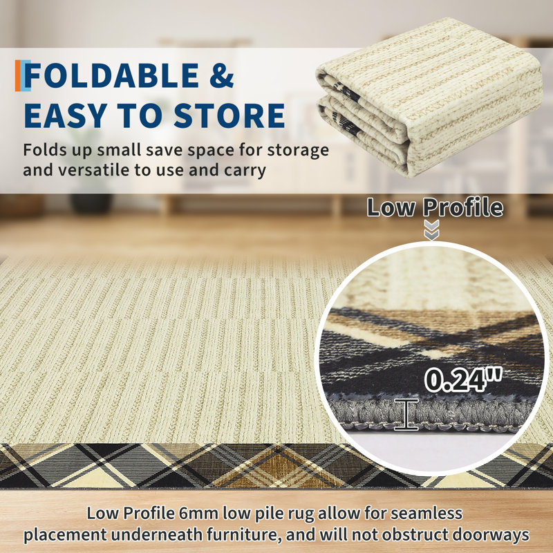 Modern Checkered Bordered Area Rug Machine Washable Rug Low Pile Throw Carpet Non Slip Non Shedding Floor Cover Stain Resistant Folding Carpet For Home Decor