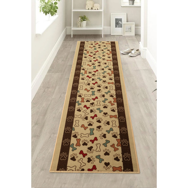 Custom Size Anti-Slip Low Profile Loop Pile Pet Paw and Bone Beige Animal Design Runner Rug, Rectangle 2'8" x 5'