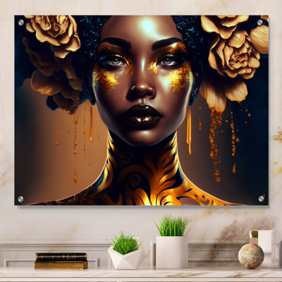 Art floral doré et noir femme II - femme afro-américaine