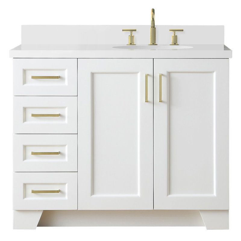 Freitas 43'' Solid Wood Single Bathroom Vanity in White, with 1.5'' White Quartz Top, Right Offset, Oval Sink, White