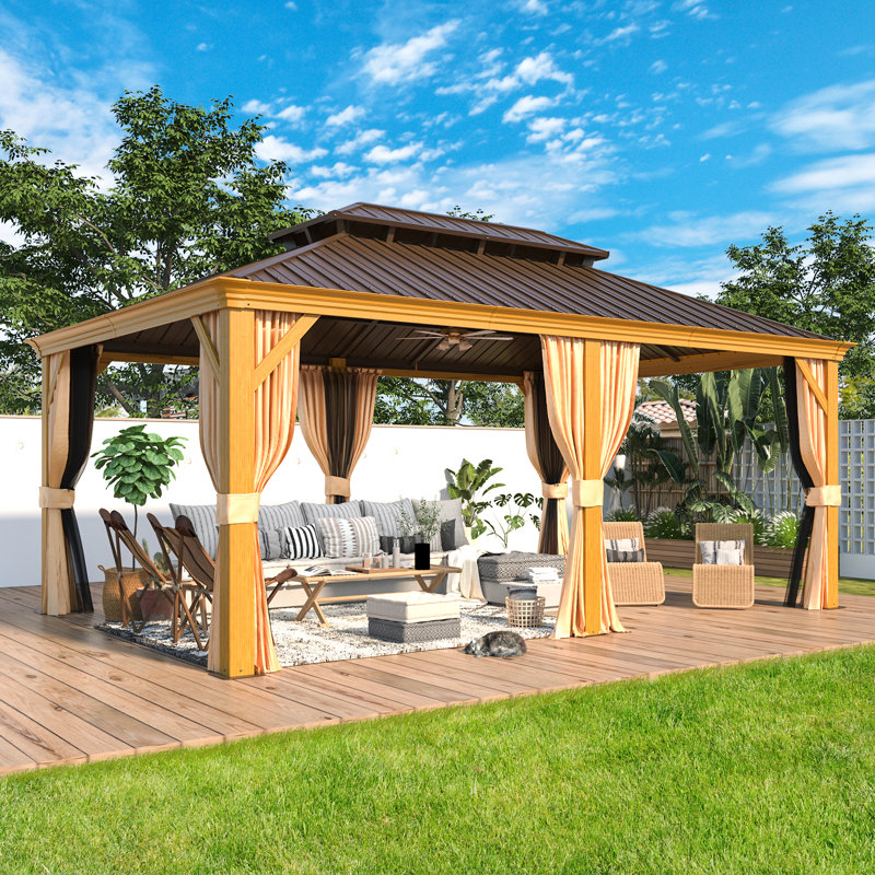 12' W x 18' D Outdoor Hardtop Gazebo with Aluminum Frame & Double Galvanized Steel Roof, Heavy Duty Permanent Pavilion with Netting & Curtains for Patio, Lawn, Deck
