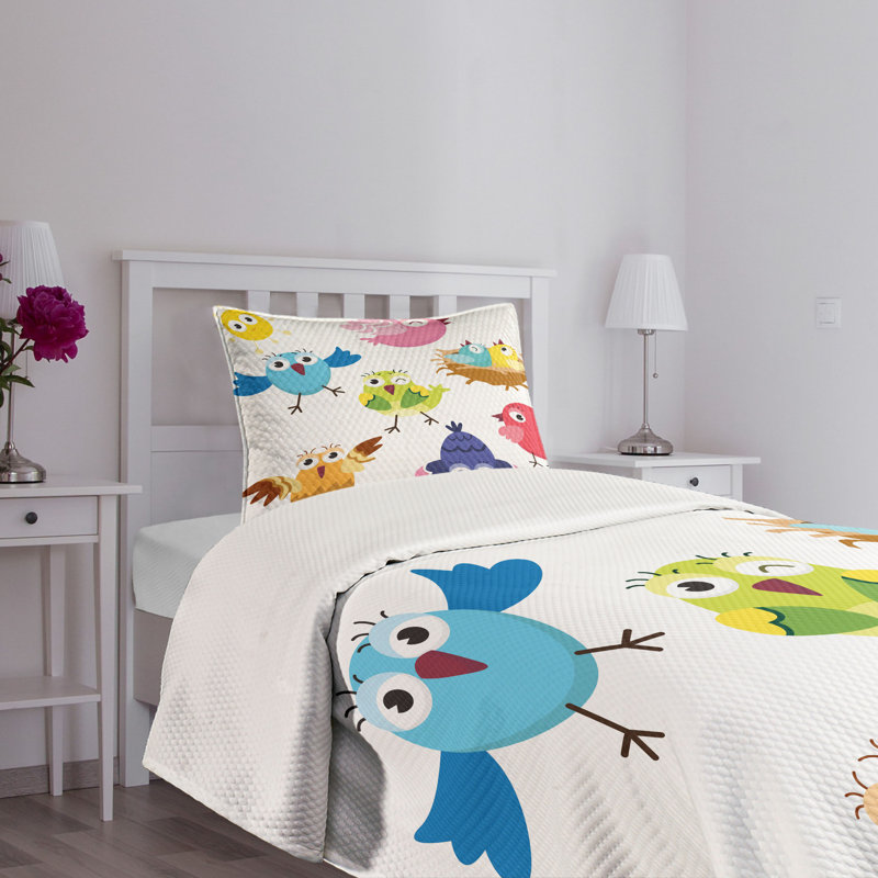 White Twin Quilted Bedspread Set with Cartoon Birds