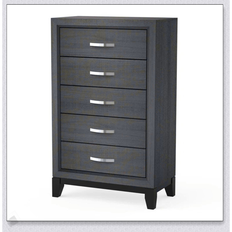 Commode 1 pièce de style contemporain avec look moderne, conception à deux tons, pieds en bois, poignées en nickel et finition grise pour la chambre à coucher