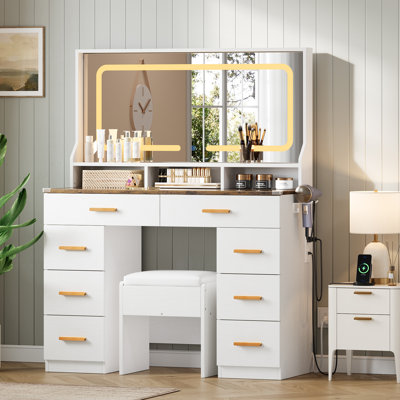 Ensemble de meuble-lavabo moderne avec miroir à DEL et 8 tiroirs avec dessus en verre et prise de courant USB