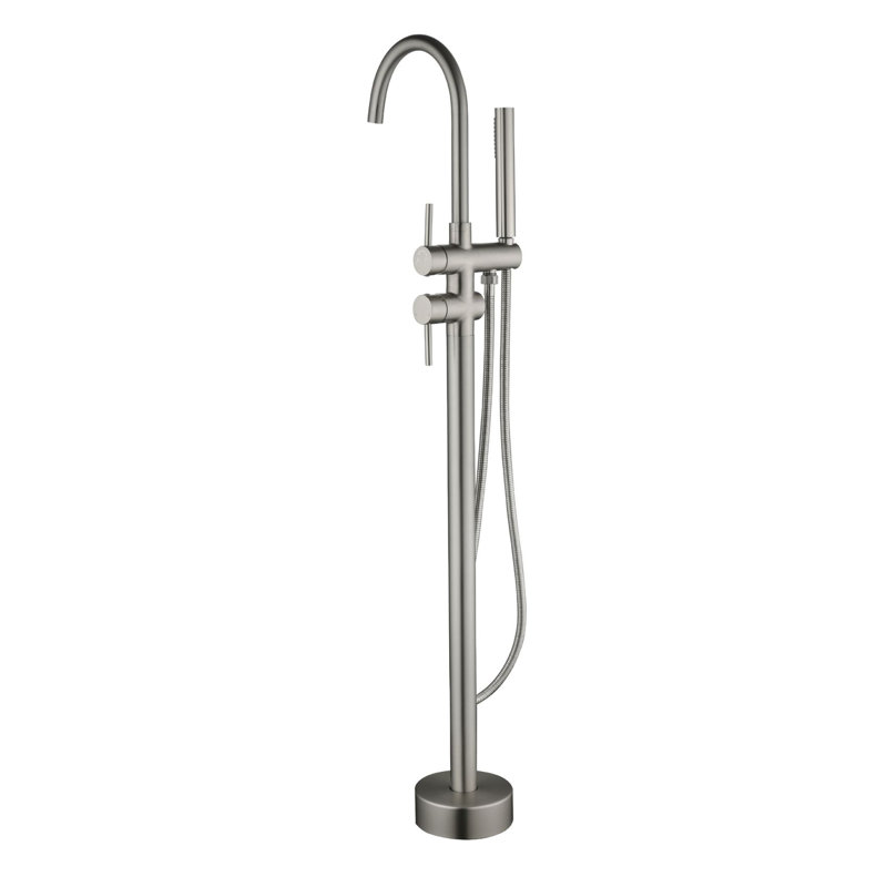 Double Handle Floor Mounted Freestanding Tub Filler With Handshower, Brushed Nickel