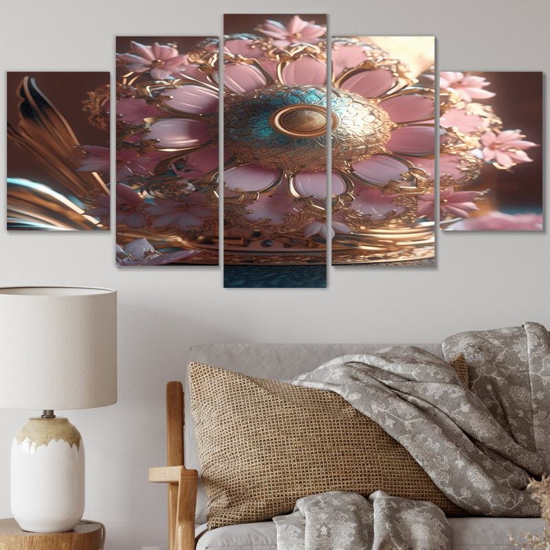 Fleur de lotus rose glamour avec noyau doré II - salon d'art mural Lotus - 5 panneaux