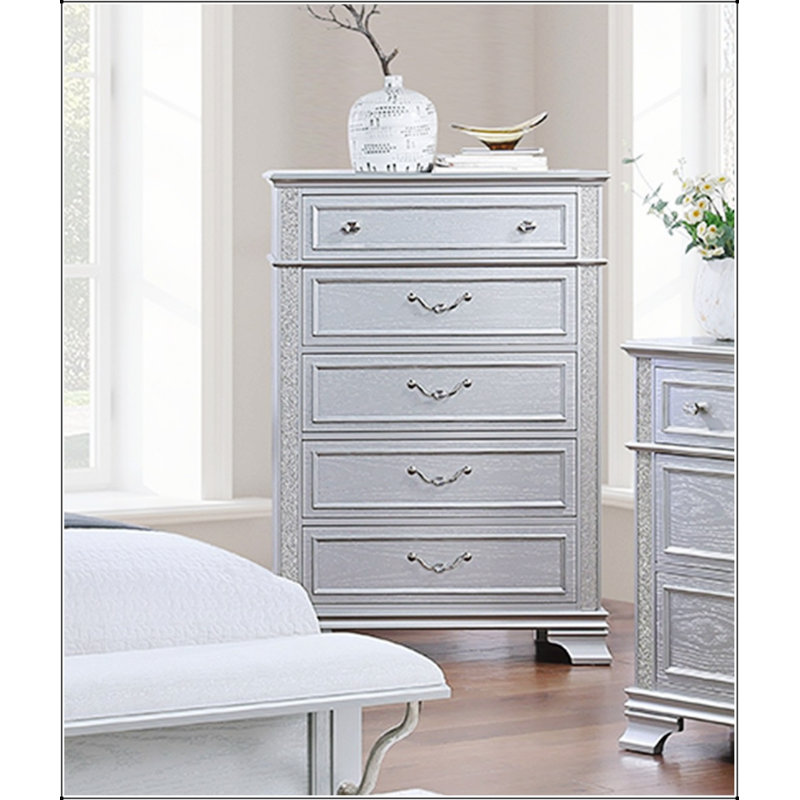 Commode 5 tiroirs Elegance Grey avec poignées en cristal et poignées à tirer pour les chambres à coucher modernes