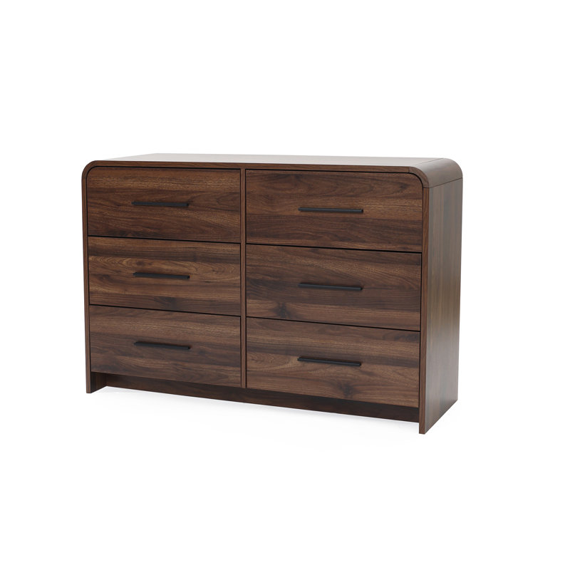 Walnut Mid Century Modern 6-Drawer Dresser with Rounded Corner