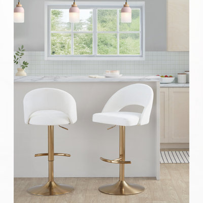 Tabouret de bar pivotant réglable en métal doré et tissu crème avec repose-pieds ronds en forme de T, ensemble de 2