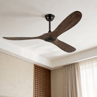 3-Blade Solid Walnut Ceiling Fan (No Light) – Remote, DC Motor, Indoor/Outdoor/Patio (Coastal/Farmhouse)