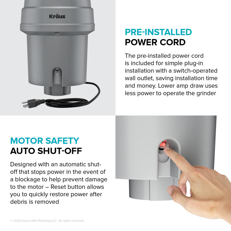 KRAUS Wasteguard High-Speed 1 HP Continuous Feed Ultra-Quiet Motor Garbage Disposal With Power Cord And Flange Included And Universal Mount, KWD200-100MGR