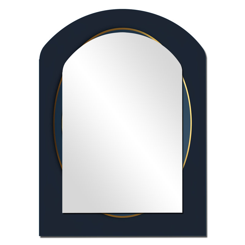 Sacramentus bleu minimaliste géométrie scellée II - miroir arqué géométrique, miroir mural décoratif asymétrique doré, impression sur métal