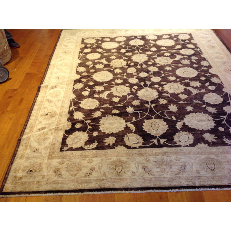 Tapis brun / beige en laine noué à la main de conception unique 8 pi x 9 pi 9 po