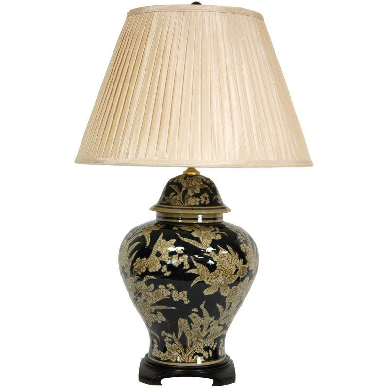 Black and Tan Floral Ceramic Table Lamp with Fabric Shade