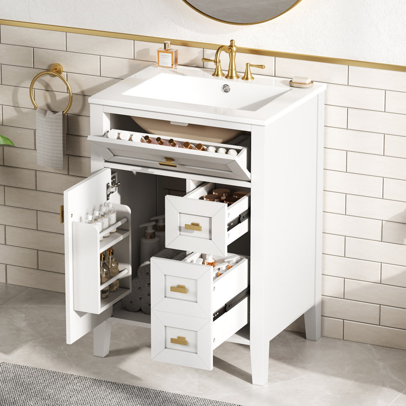 Ensemble de meuble-lavabo moderne 24 po avec lavabo, armoire de rangement en bois d'hévéa massif avec 2 tiroirs et support de porte à 2 niveaux