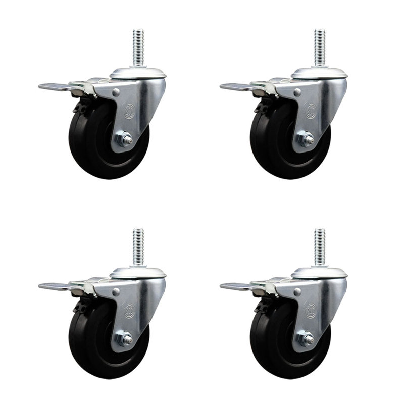 Rubber Swivel 3/4 Inch Threaded Stem Caster Set Total Lock Brake