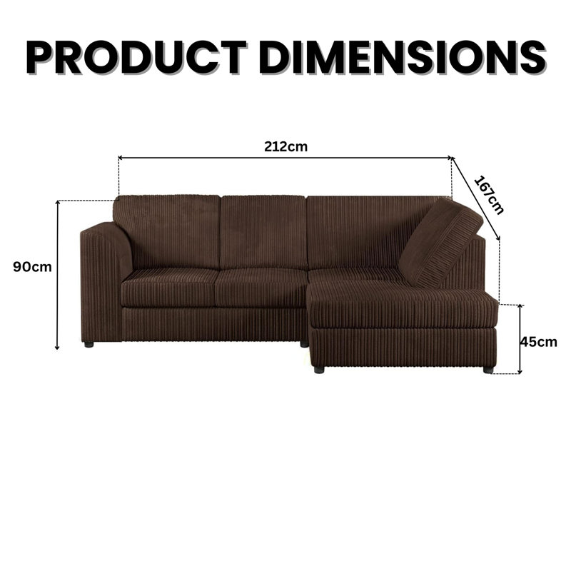 4 Seater Corduroy Sofa & Chaise, Chocolate