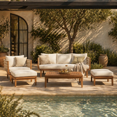 Ensemble de mobilier d'extérieur 5 pièces en bois d'acacia avec finition en teck, coussins beiges hydrofuges et accoudoirs en corde tissée pour la cour, la piscine et le jardin