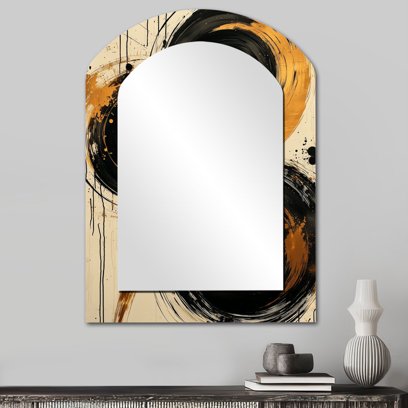 Noir et or, art du cercle chaos I - formes abstraites grand miroir mural de forme irrégulière, miroir asymétrique moderne unique, art imprimé en métal