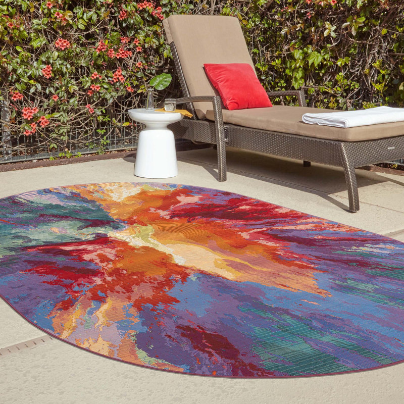 Tapis bleu / rouge / orange en polypropylène tissé à la machine Azaleea, Oval 4'1" x 6'1"