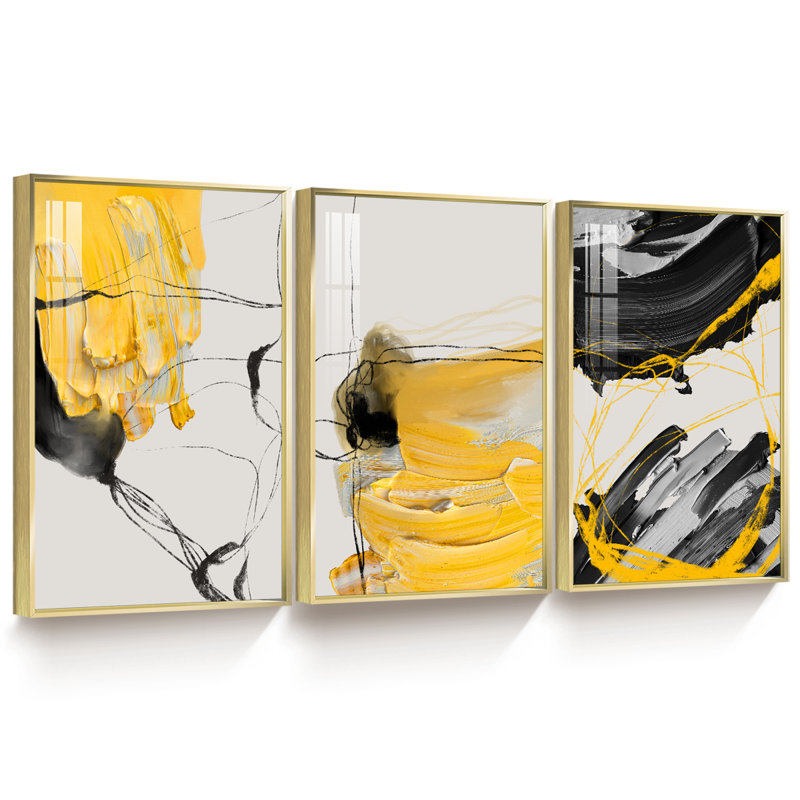 Lineal Dessin, art mural encadré en aluminium - Ensemble de 3 reproductions d'art sur toile, Cadre doré